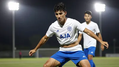 A tight action crop of a young, 25-year-old, AJA midfielder in a white jersey with blue shorts and blue socks, playing a...