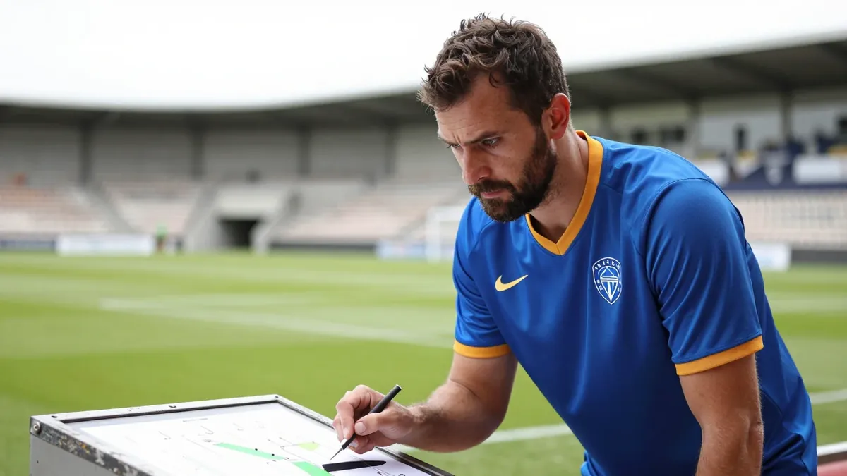 Overcast natural light captures a focused, 35-year-old, bearded, assistant coach of Auxerre, wearing a plain blue and...