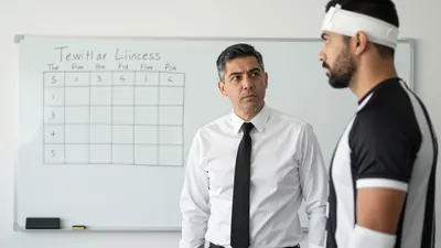 A 35-year-old male coach with a serious expression, wearing a white shirt with a black collar and a black tie, standing...