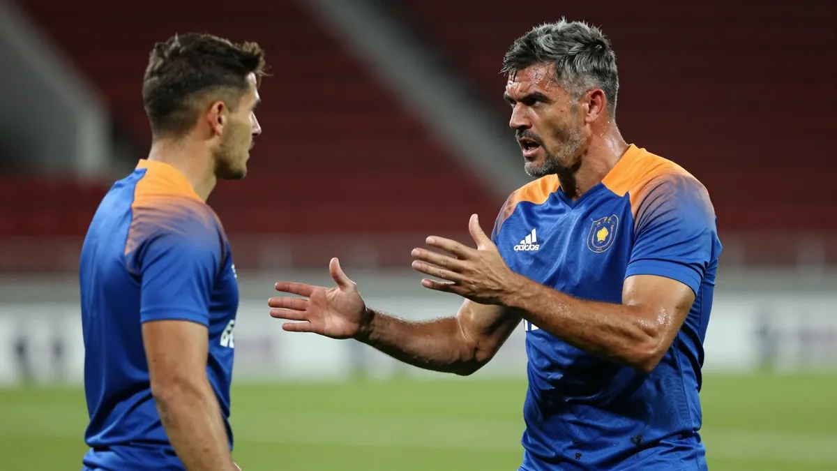 A 35-year-old, 5'10" defensive midfielder with a rugged build, his dark hair flecked with grey, eyes narrowed in...