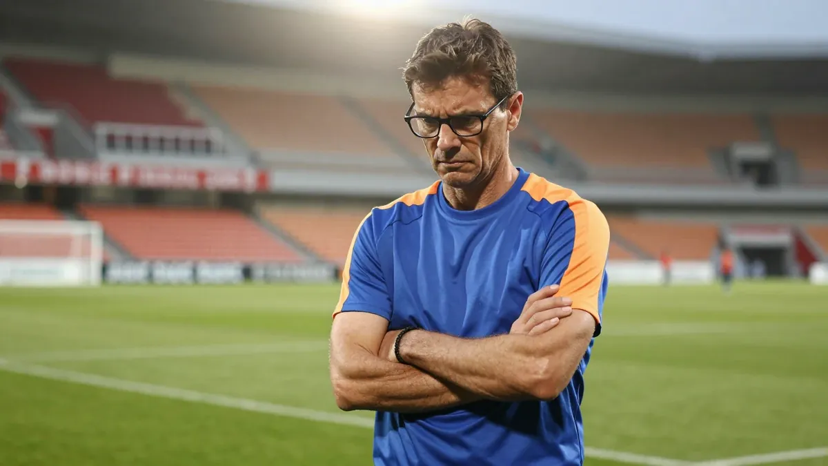 A 35-year-old, ruggedly-built, dark-haired, bespectacled coach, dressed in a blue and amber plain cotton training top...
