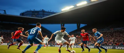 A dramatic night-time match scene on a wet National 3 pitch, two anonymous players sprinting for a loose ball under...