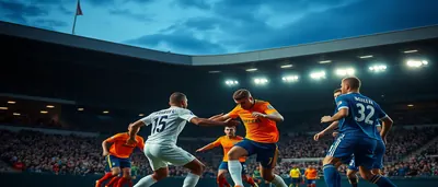 A dramatic night-time National 3 match in a modest stadium, two anonymous young players locked in a tense duel for the ball;
