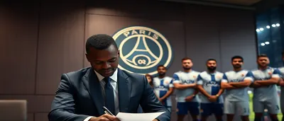 Lassine Sinayoko, mid-30s, muscular Mali striker, standing on a sun-lit Paris FC training pitch, wearing plain navy-blue...
