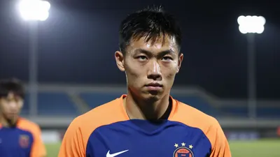 A determined, athletic young Asian player, early twenties, with short black hair, in a plain blue and amber training top...